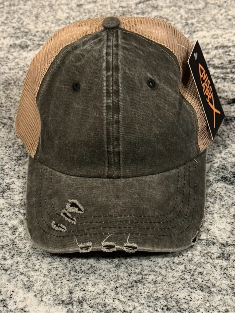 NEW Distressed Trucker Hat in Washed Two-Tone - Olive Green & Tan, Adjustable